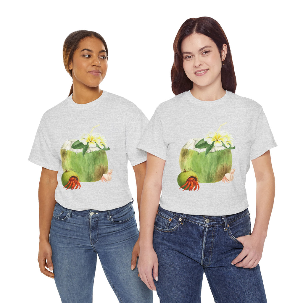 Two girls wearing grey t-shirts featuring a graphic design of a hermit crab in a coconut shell and a straw-topped coconut.