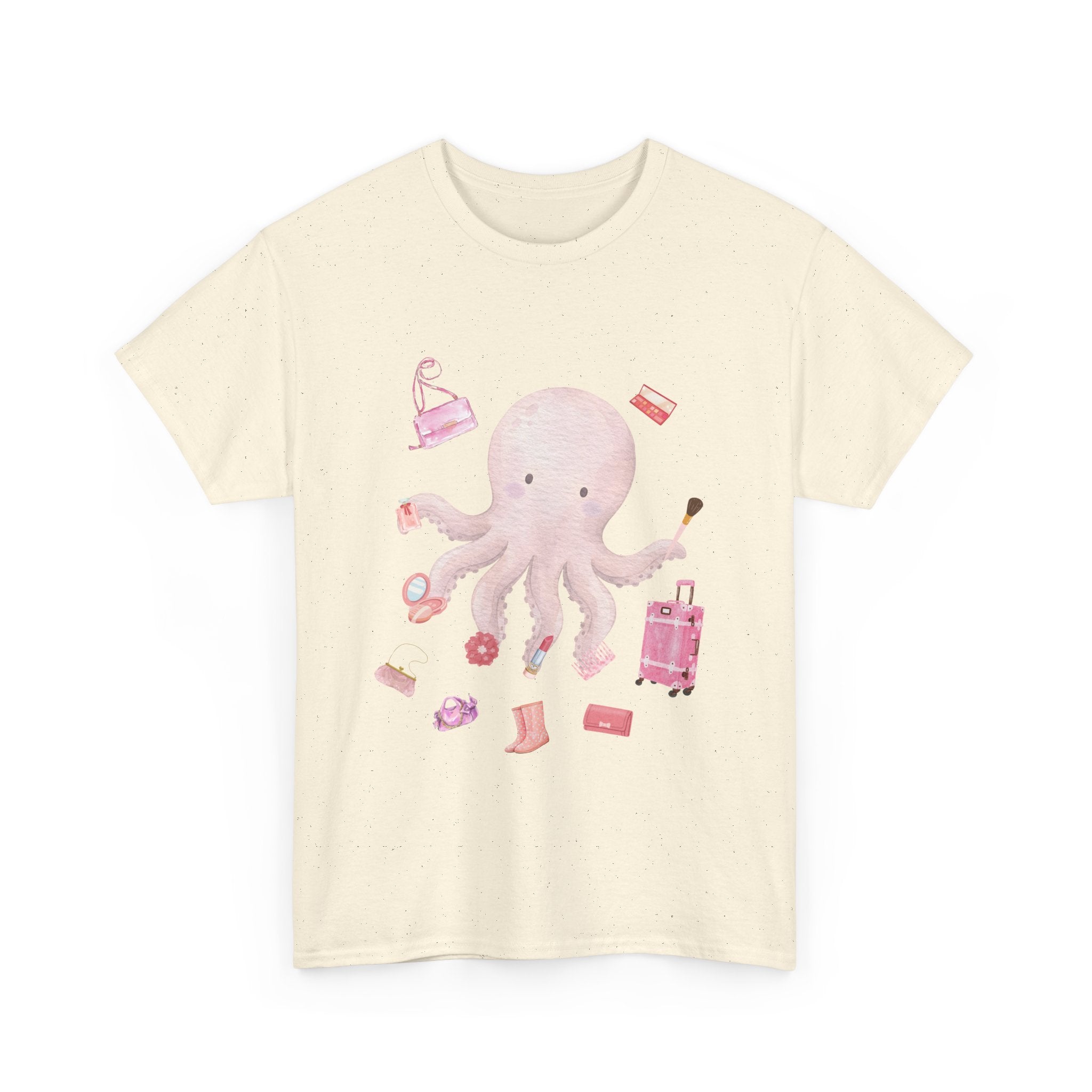 Beige t-shirt with a pink octopus multitasking its tentacles to apply lipstick, brush on makeup, and juggle beauty accessories.