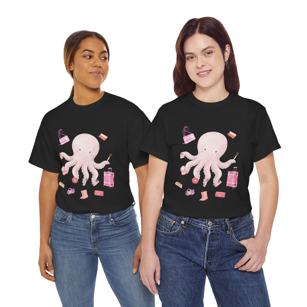 Two girls wearing black t-shirts featuring a graphic design of a pink octopus multitasking its tentacles to apply lipstick, brush on makeup, and juggle beauty accessories.