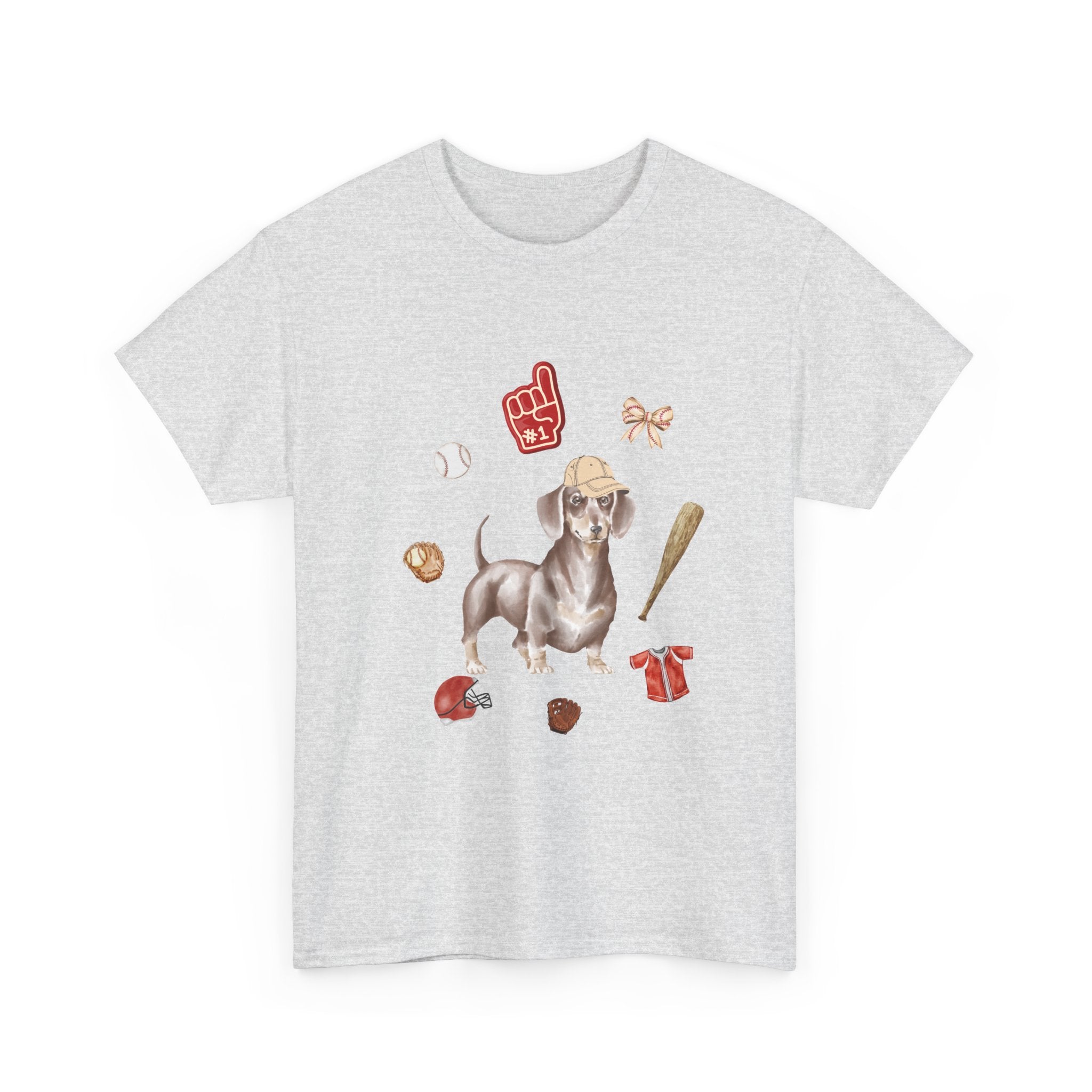 Grey t-shirt with a dog in a baseball hat surrounded by a circle of balls, bats, and helmets.