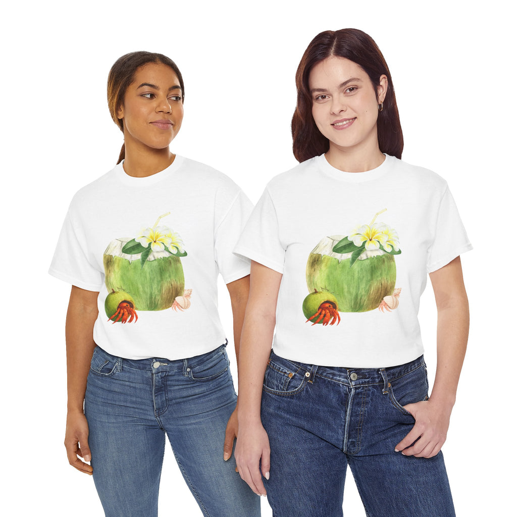 Two girls wearing white t-shirts featuring a graphic design of a hermit crab in a coconut shell and a straw-topped coconut.