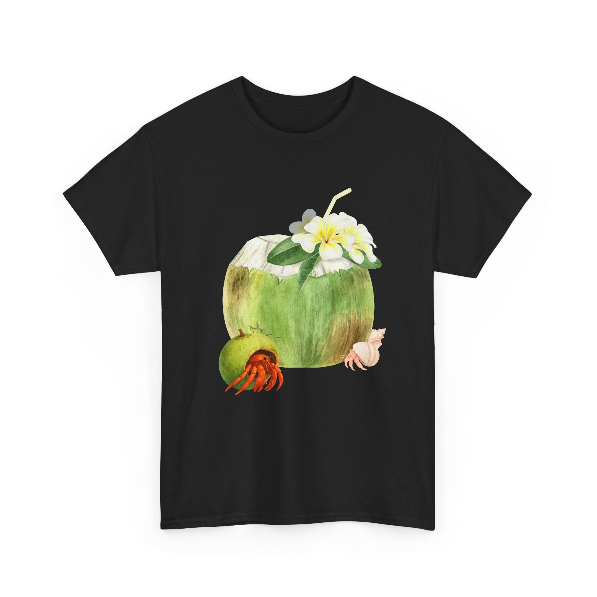 Black t-shirt with a hermit crab in a coconut shell and a straw-topped coconut.