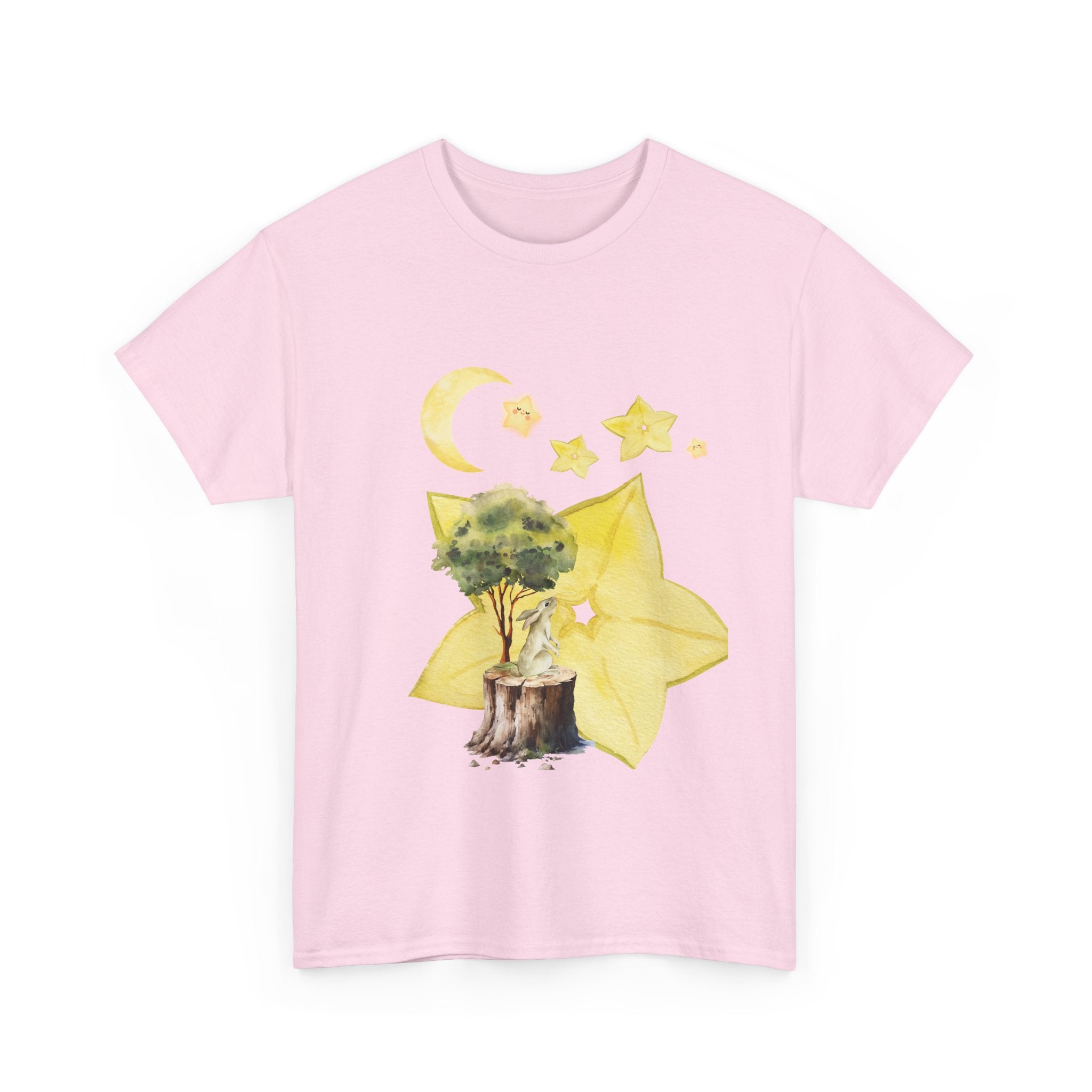 Pink t-shirt with a tree stump, leaves, and starfruit celestial graphics.