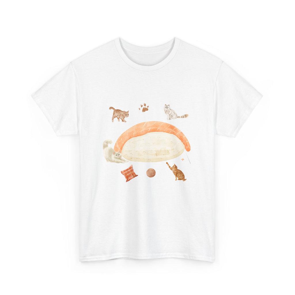 White t-shirt with a piece of nigiri sushi surrounded by a circle of cats, yarn balls, and cushions.