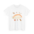 White t-shirt with a piece of nigiri sushi surrounded by a circle of cats, yarn balls, and cushions.