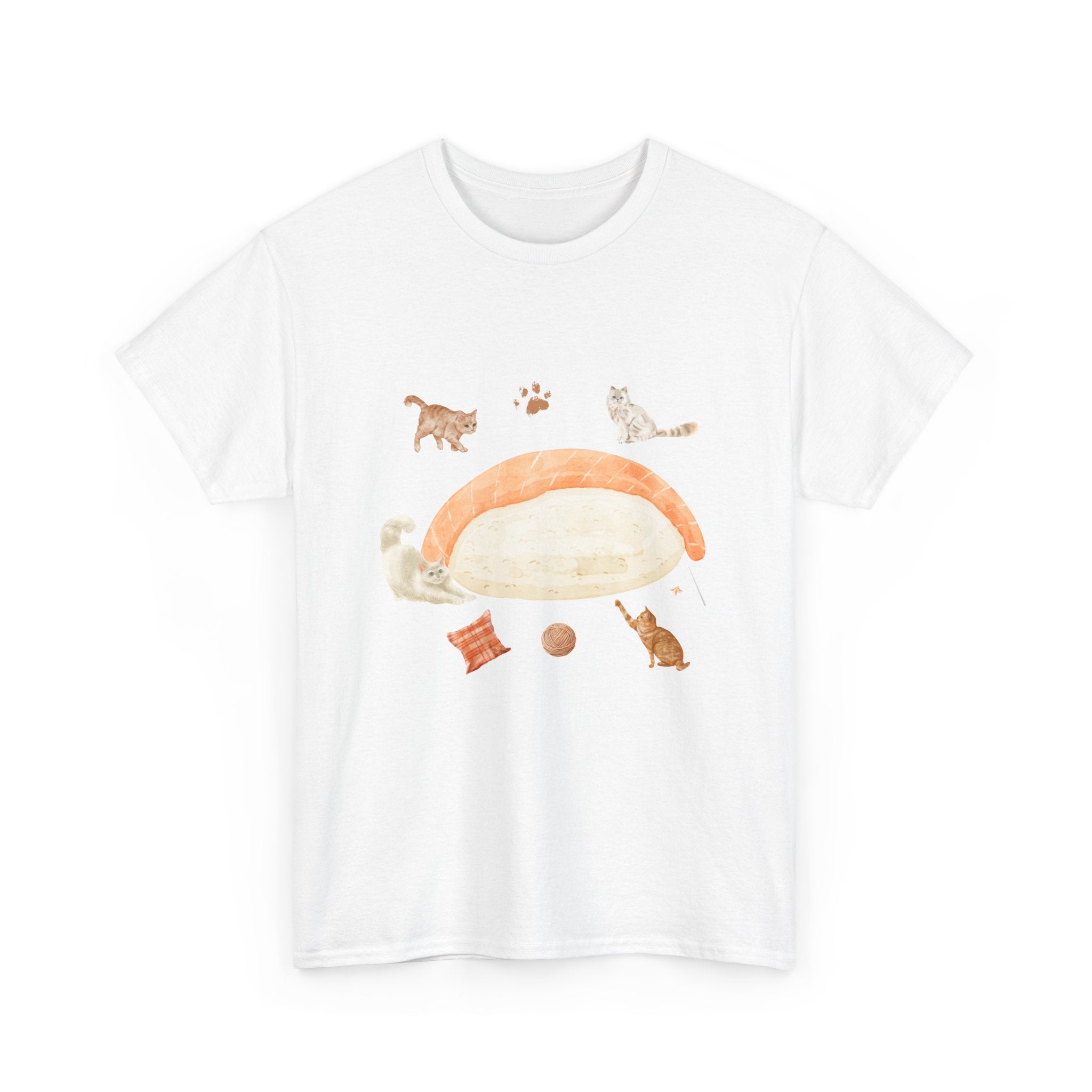 White t-shirt with a piece of nigiri sushi surrounded by a circle of cats, yarn balls, and cushions.