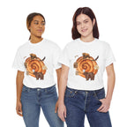 Two girls wearing white t-shirts featuring a graphic design of a cinnamon roll surrounded by several hungry bears.