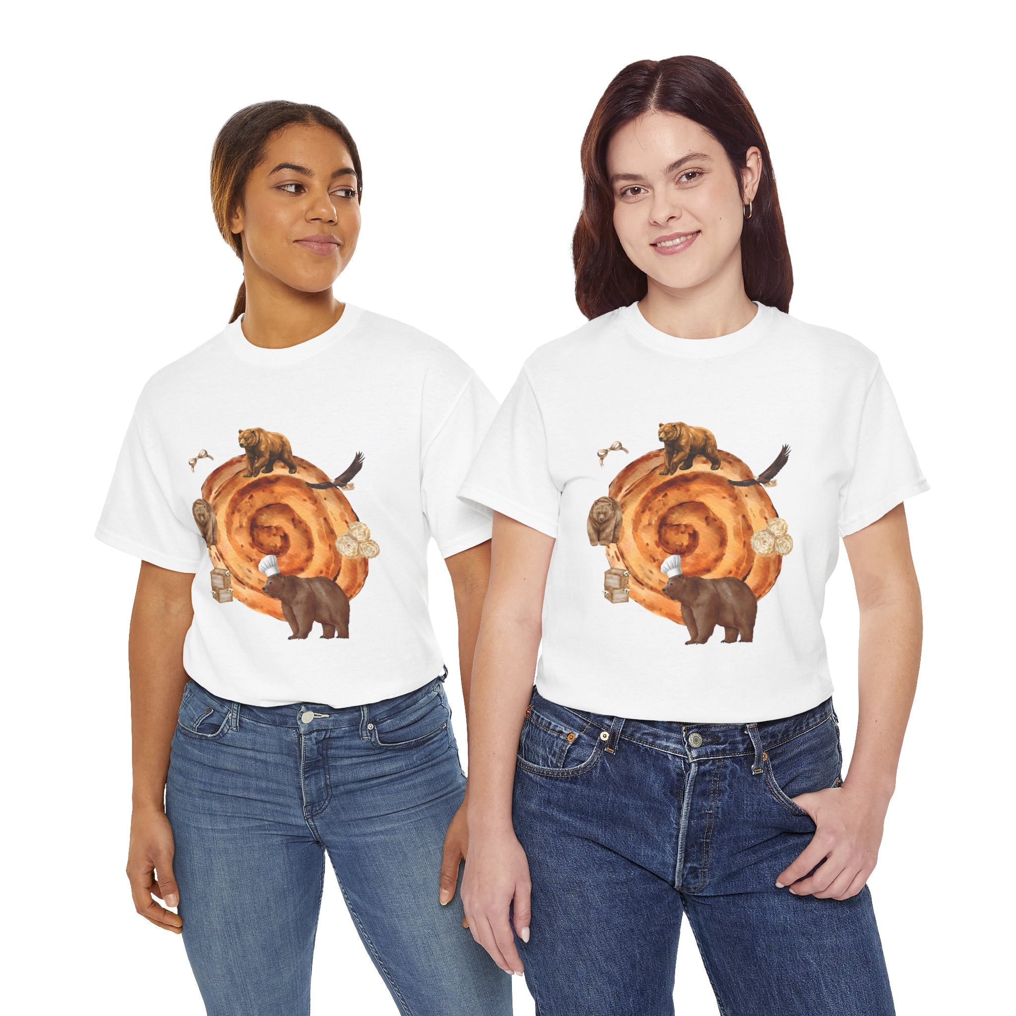 Two girls wearing white t-shirts featuring a graphic design of a cinnamon roll surrounded by several hungry bears.
