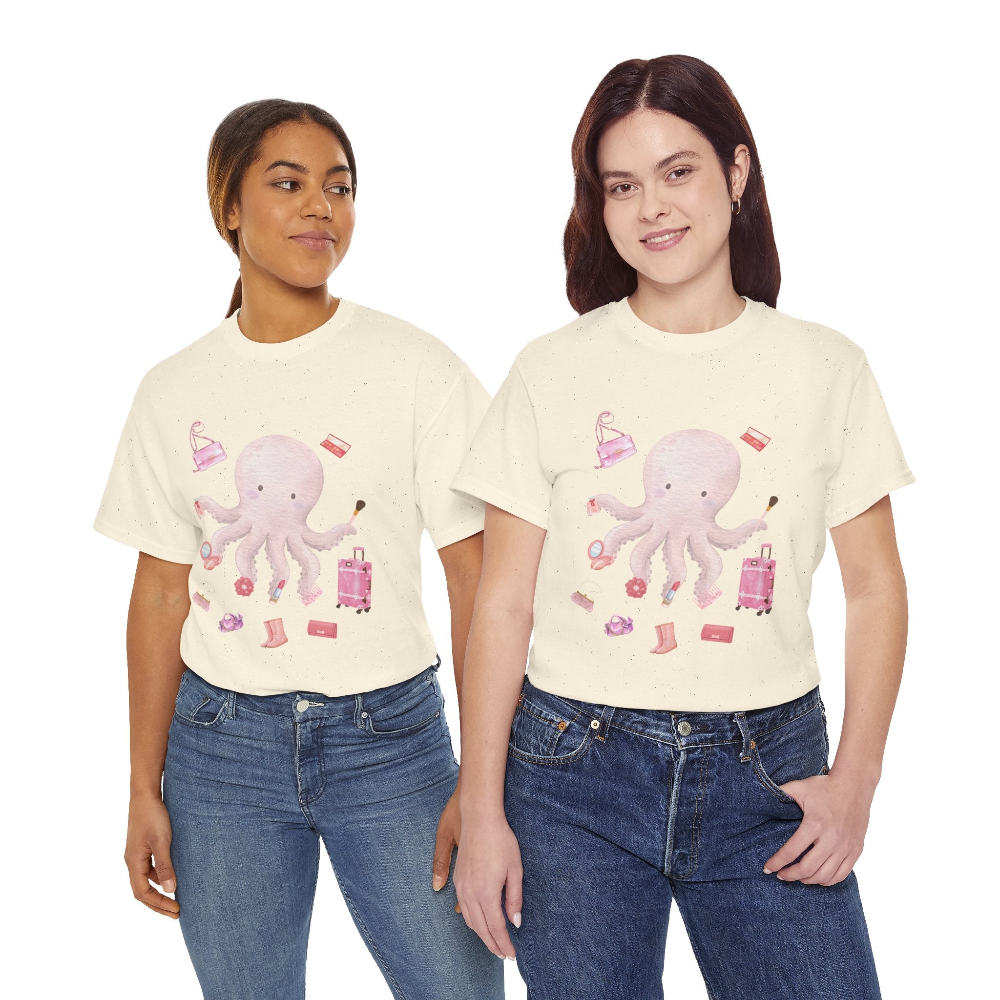Two girls wearing beige t-shirts featuring a graphic design of a pink octopus multitasking its tentacles to apply lipstick, brush on makeup, and juggle beauty accessories.