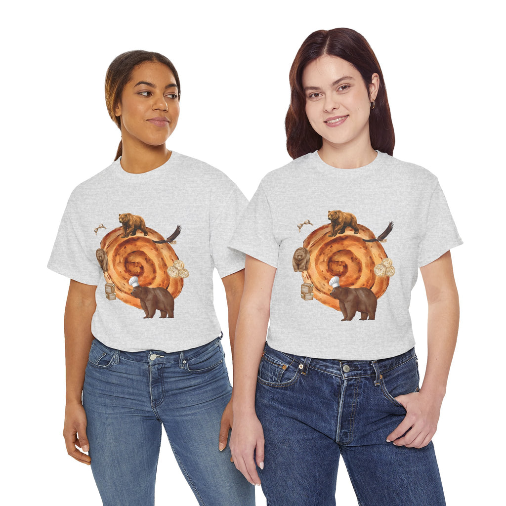 Two girls wearing grey t-shirts featuring a graphic design of a cinnamon roll surrounded by several hungry bears.