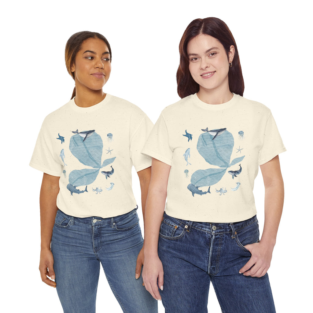 Two girls wearing beige t-shirts featuring a graphic design of a pink bloom surrounded by bunnies in various poses.
