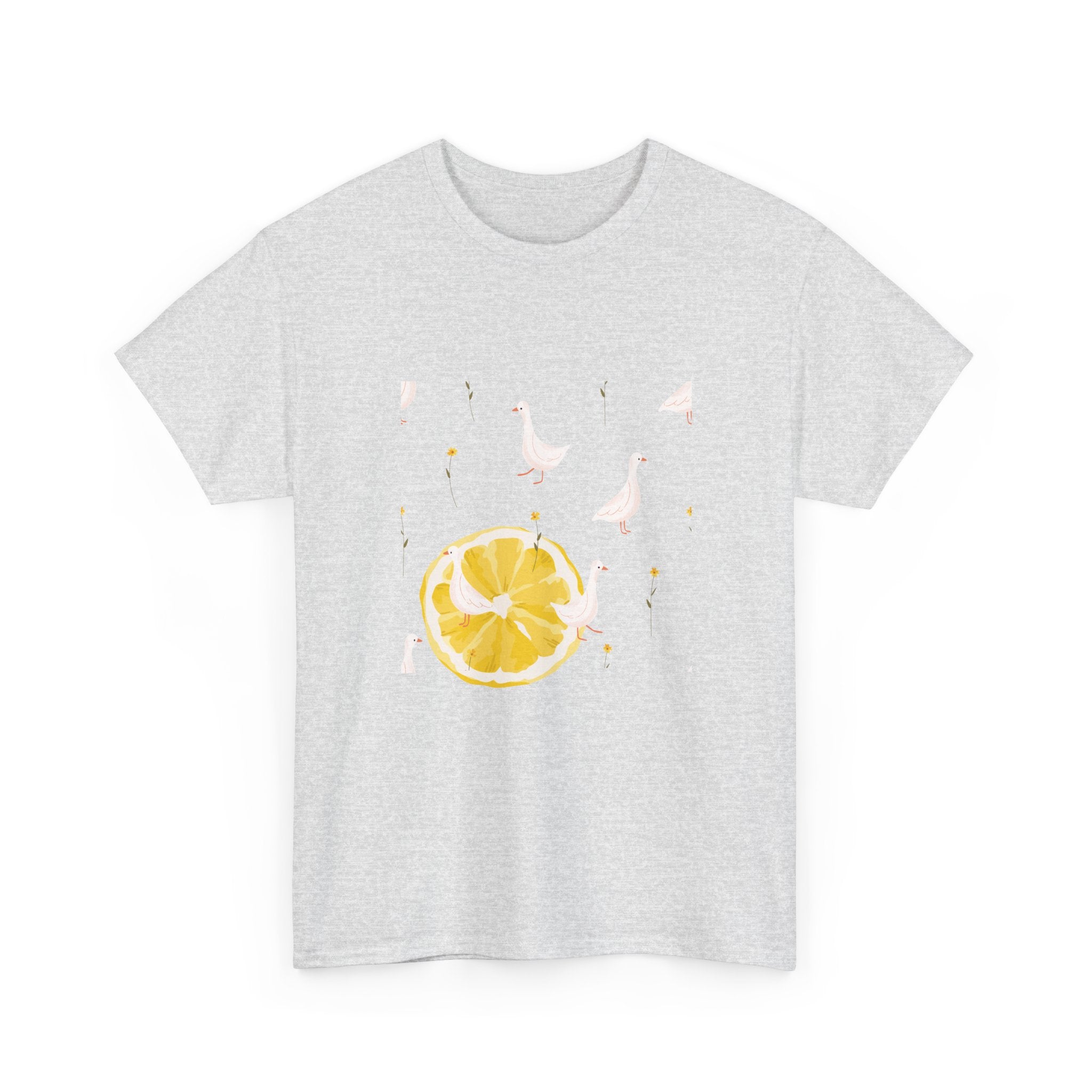Grey t-shirt with a juicy lemon in the bottom-left corner and white ducks covering the entire design.