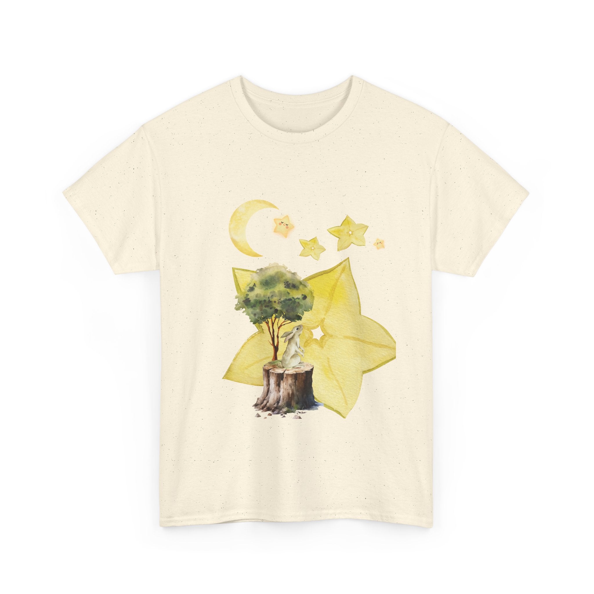 Beige t-shirt with a tree stump, leaves, and starfruit celestial graphics.