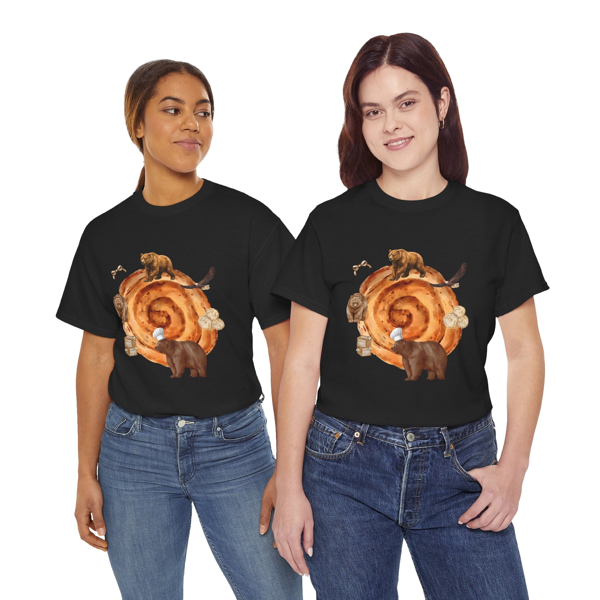 Two girls wearing black t-shirts featuring a graphic design of a cinnamon roll surrounded by several hungry bears.