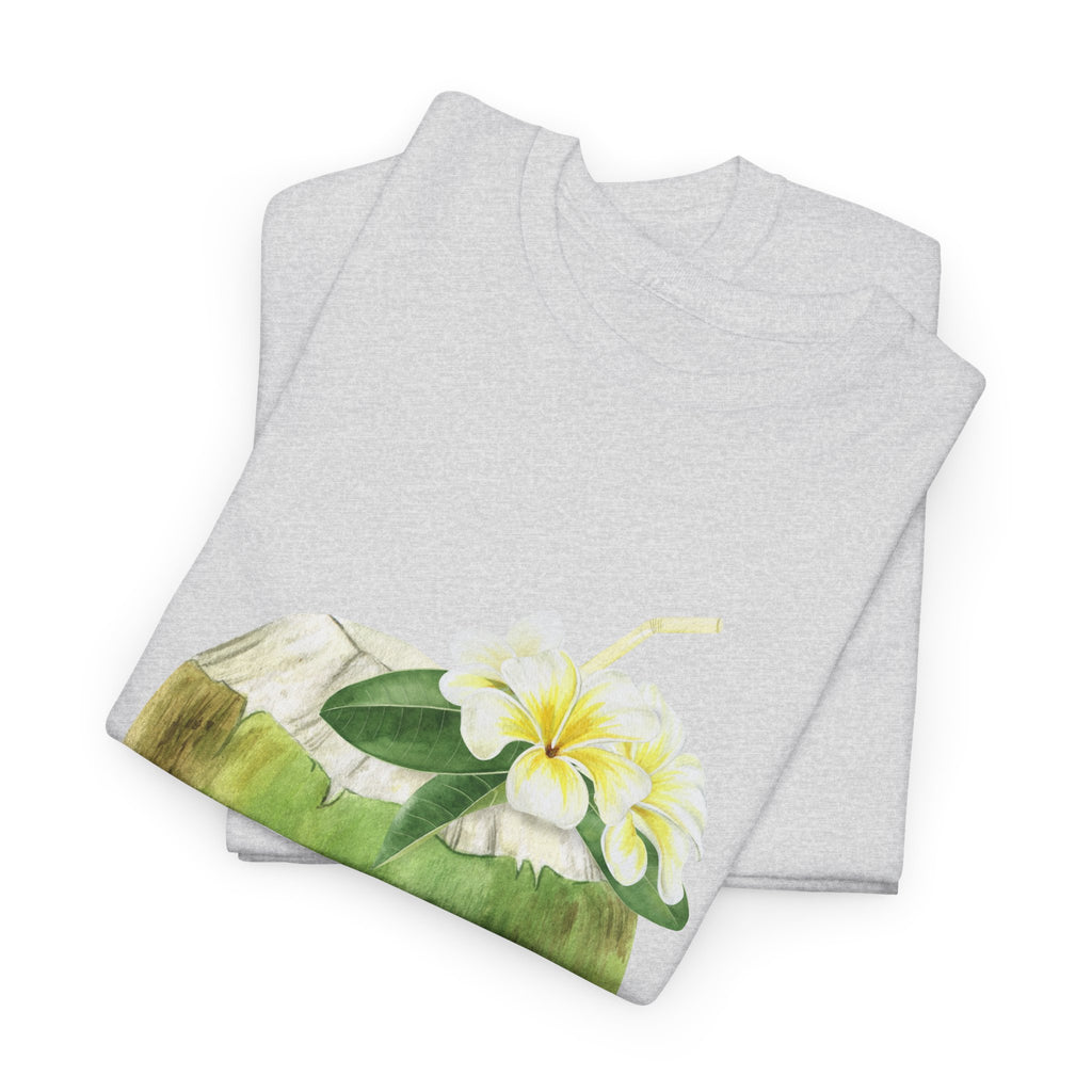 A folded grey t-shirt featuring a graphic design of a hermit crab in a coconut shell and a straw-topped coconut.