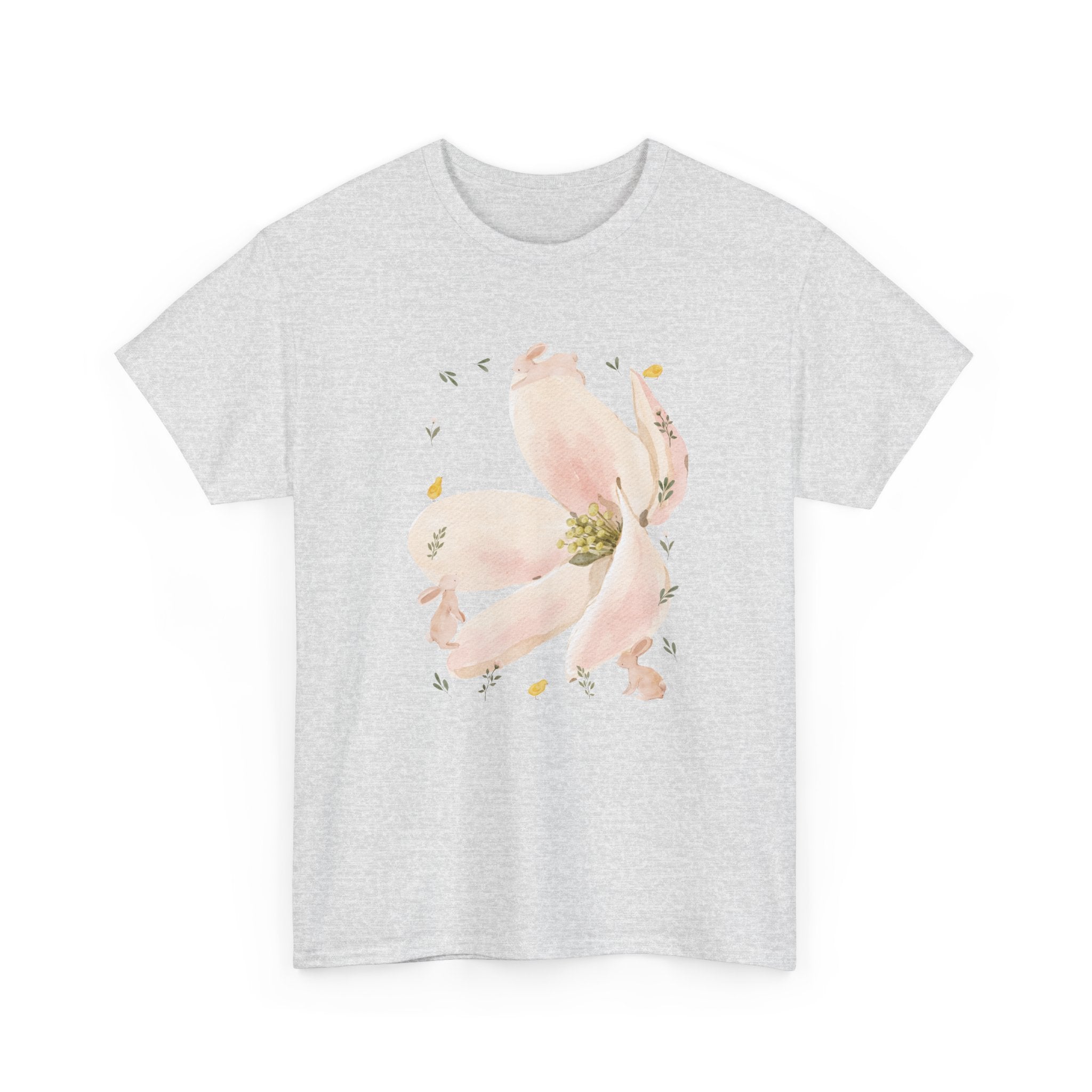 Grey t-shirt with a pink bloom surrounded by bunnies in various poses.