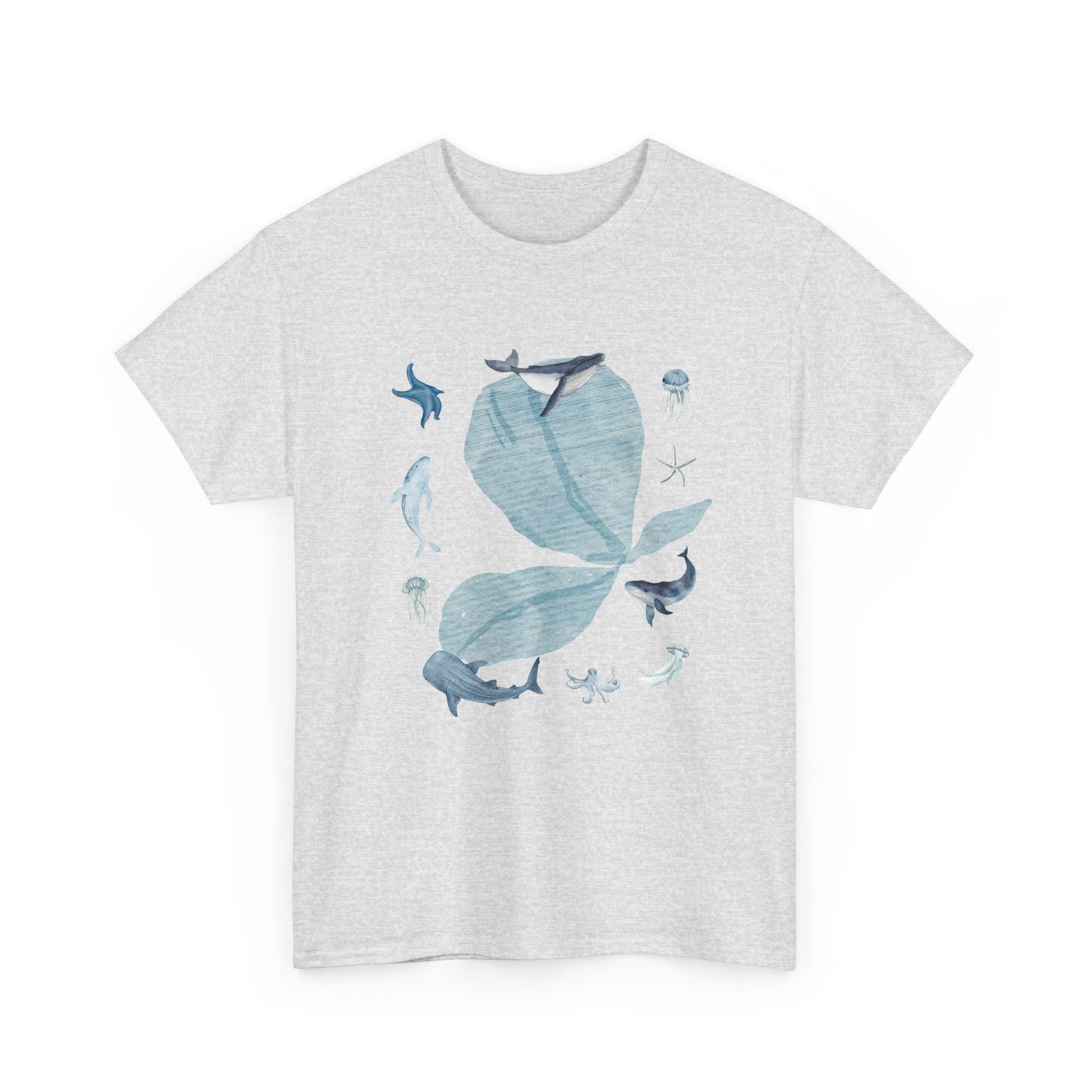 Grey t-shirt with a blue bloom surrounded by whales, jellyfish, and starfish.