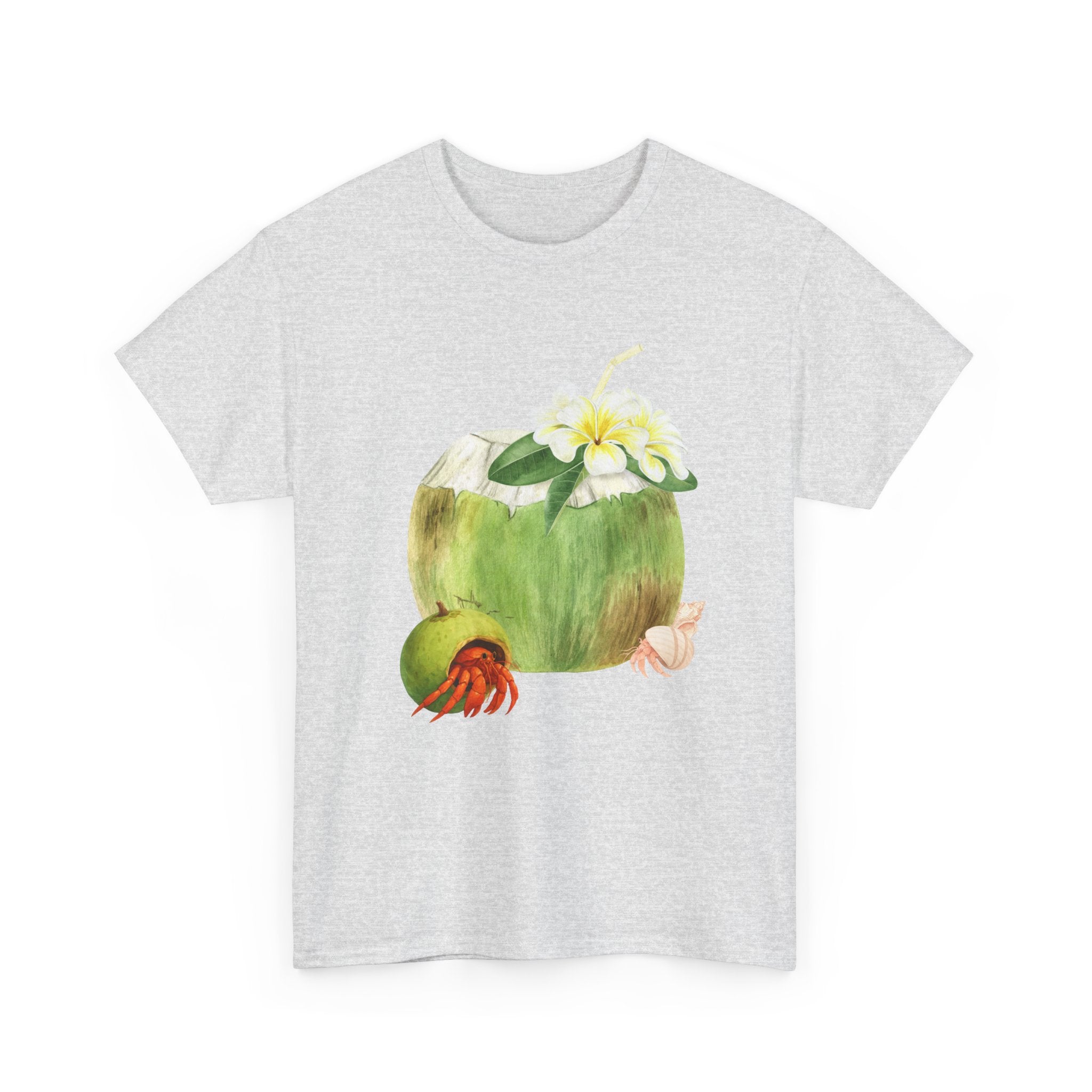 Grey t-shirt with a hermit crab in a coconut shell and a straw-topped coconut.