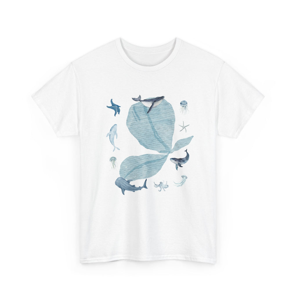 White t-shirt with a blue bloom surrounded by whales, jellyfish, and starfish.