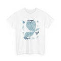 White t-shirt with a blue bloom surrounded by whales, jellyfish, and starfish.