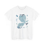 White t-shirt with a blue bloom surrounded by whales, jellyfish, and starfish.