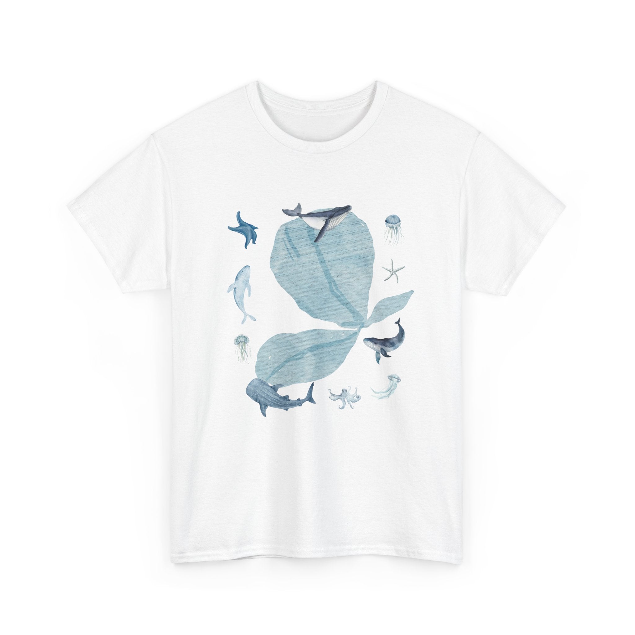 White t-shirt with a blue bloom surrounded by whales, jellyfish, and starfish.