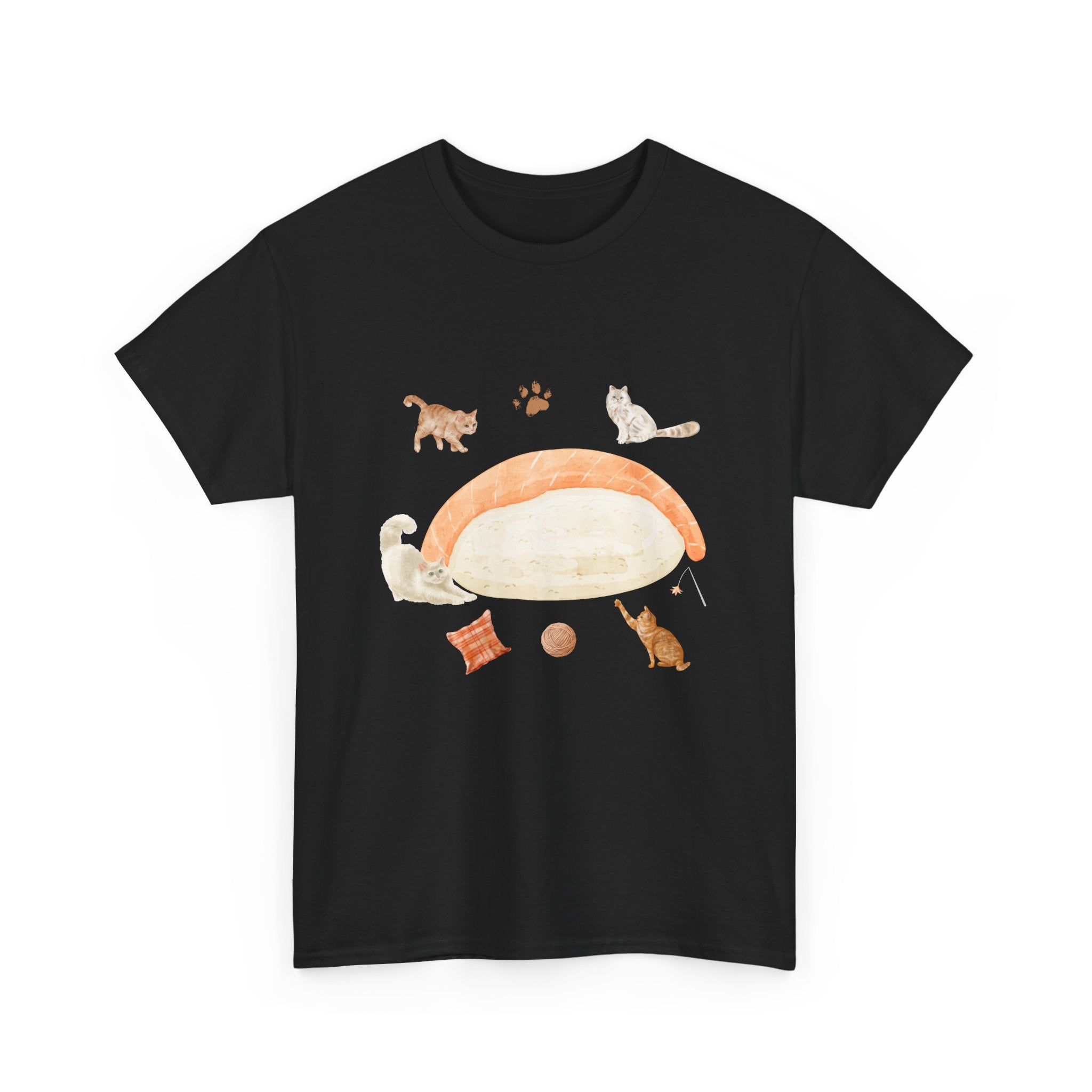 Black t-shirt with a piece of nigiri sushi surrounded by a circle of cats, yarn balls, and cushions.