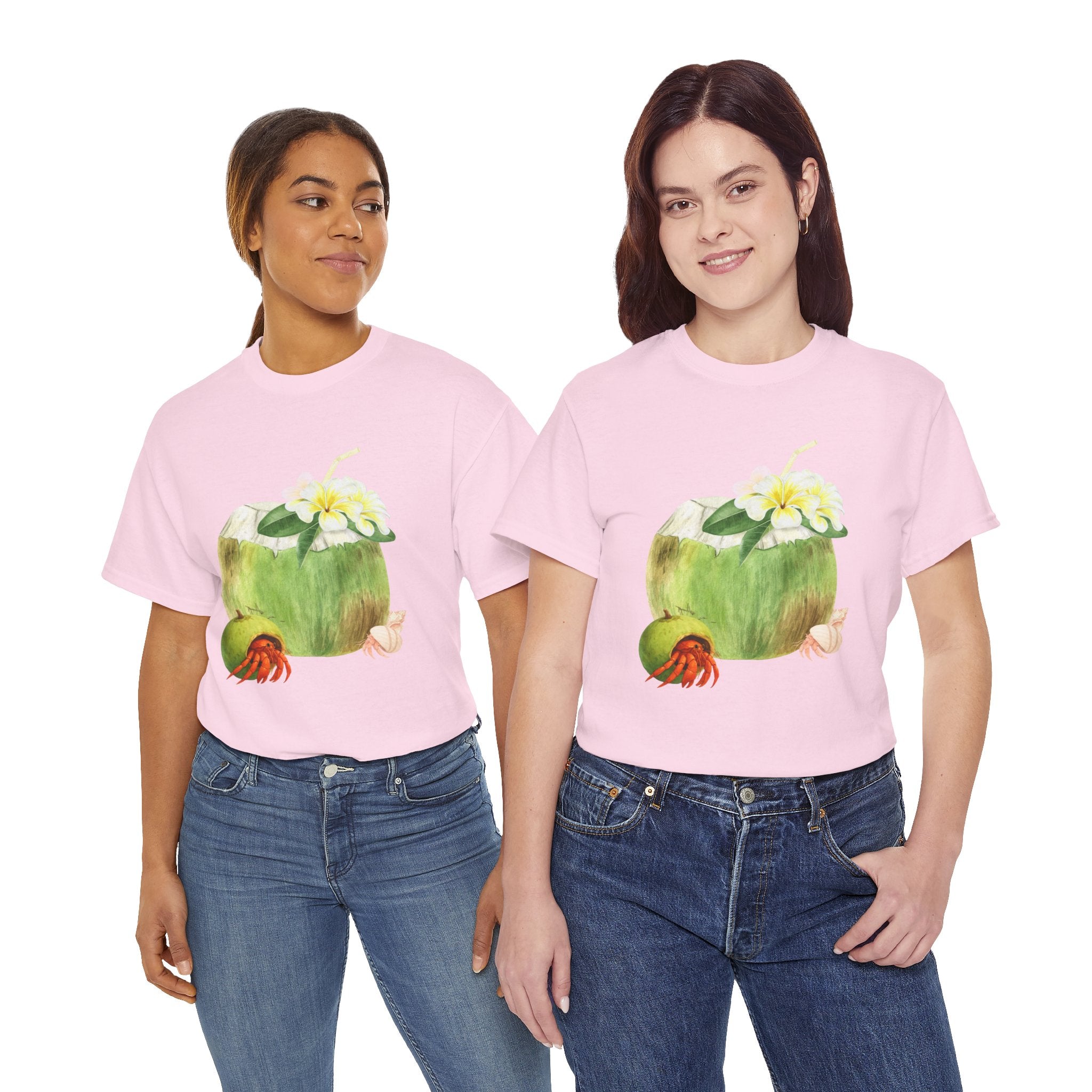 Two girls wearing pink t-shirts featuring a graphic design of a hermit crab in a coconut shell and a straw-topped coconut.