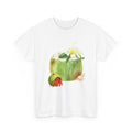 White t-shirt with a hermit crab in a coconut shell and a straw-topped coconut.