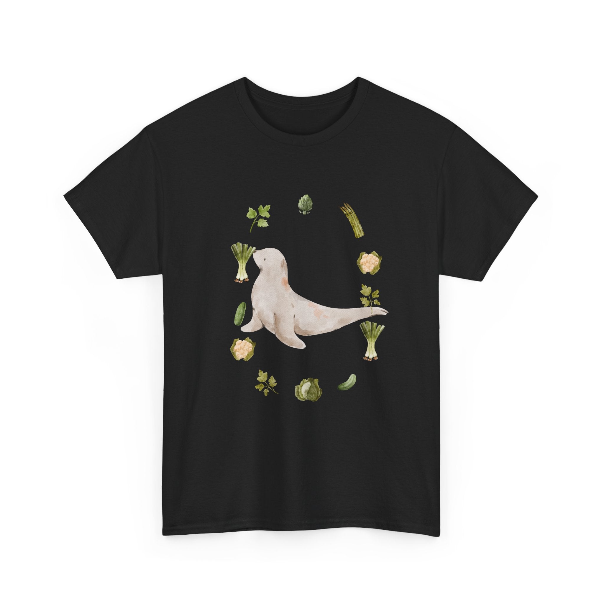 Black t-shirt with a sea lion surrounded by green onions, cabbage, and broccoli.
