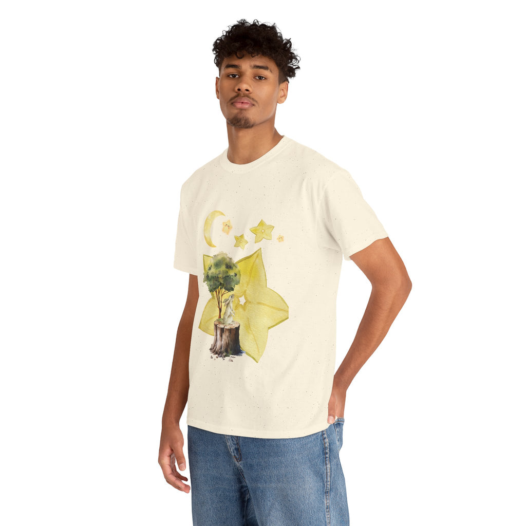 A man wearing a beige t-shirt featuring a graphic design of a tree stump, leaves, and starfruit celestial elements.