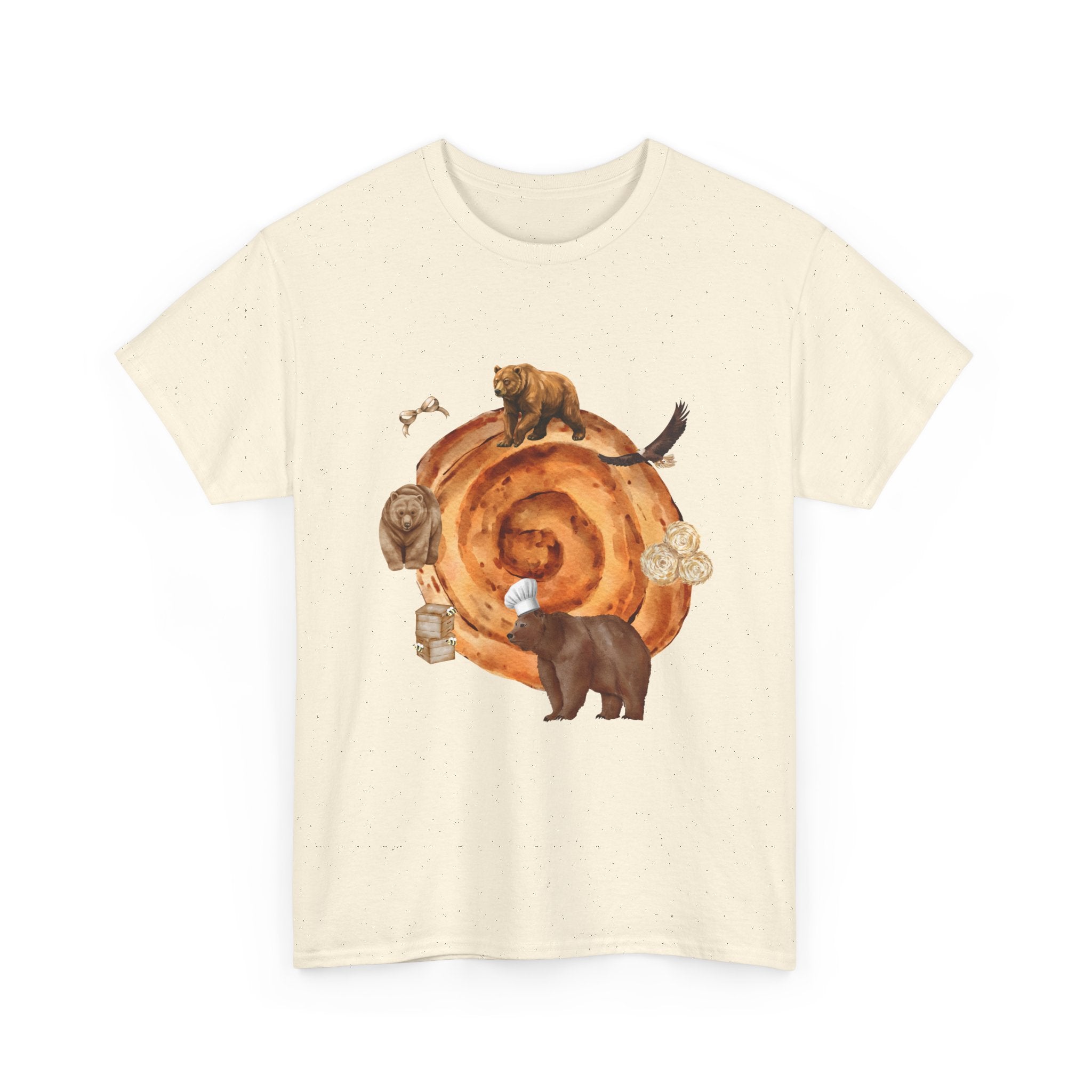 Beige t-shirt with a cinnamon roll surrounded by several hungry bears.