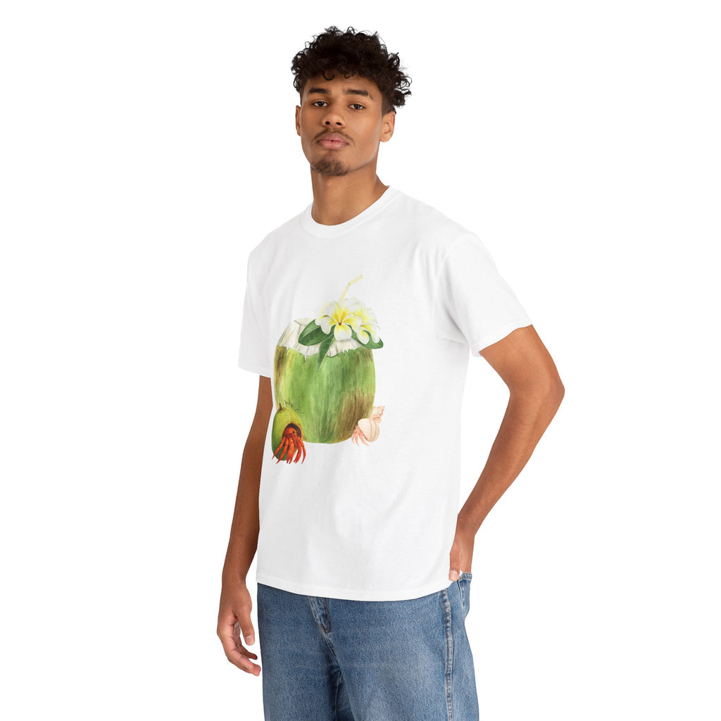A man wearing a white t-shirt featuring a graphic design of a hermit crab in a coconut shell and a straw-topped coconut.