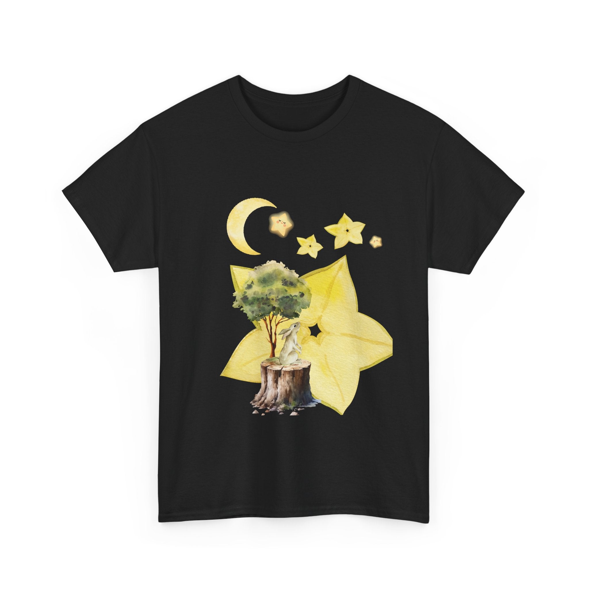 Black t-shirt with a tree stump, leaves, and starfruit celestial graphics.