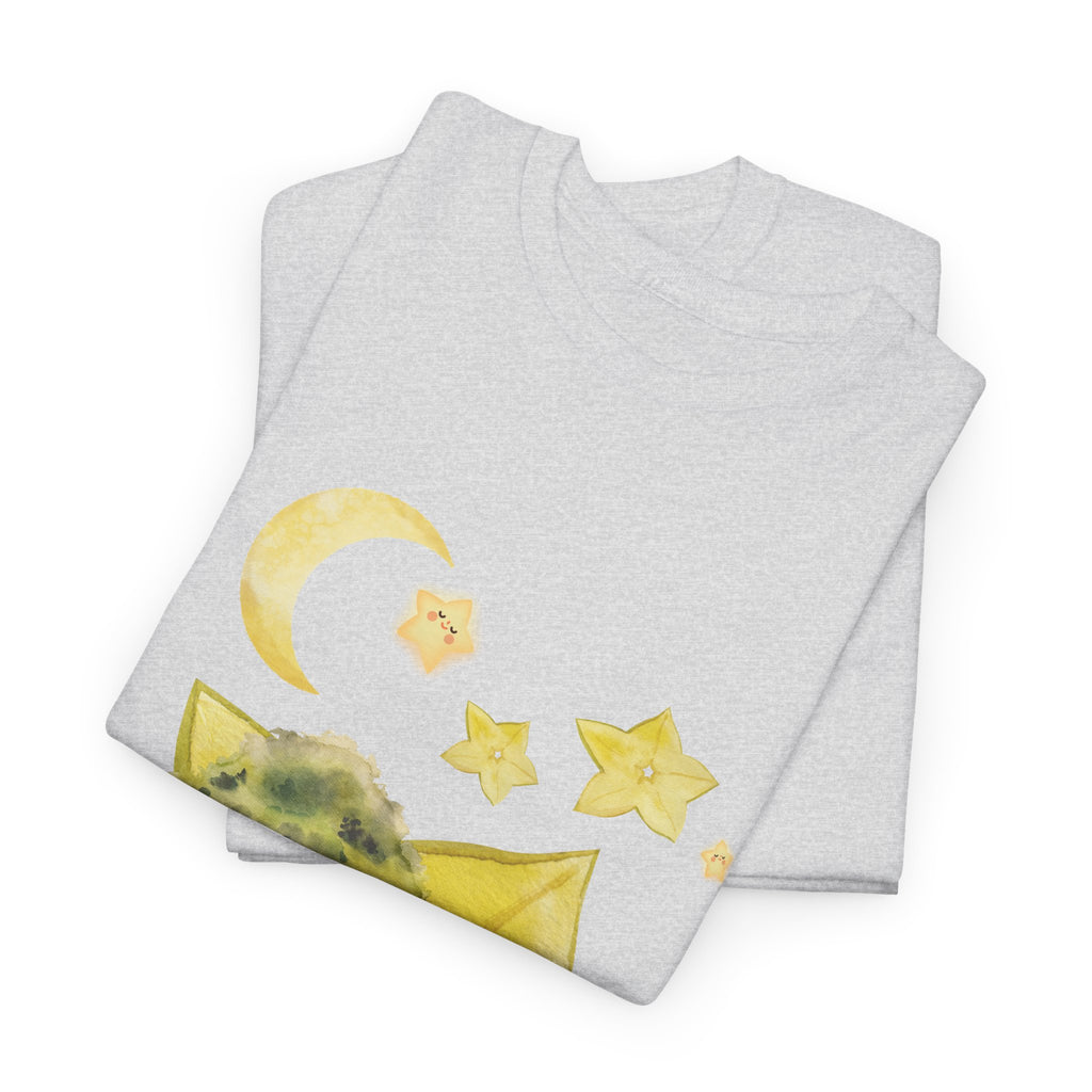 A folded grey t-shirt featuring a graphic design of a tree stump, leaves, and starfruit celestial elements.