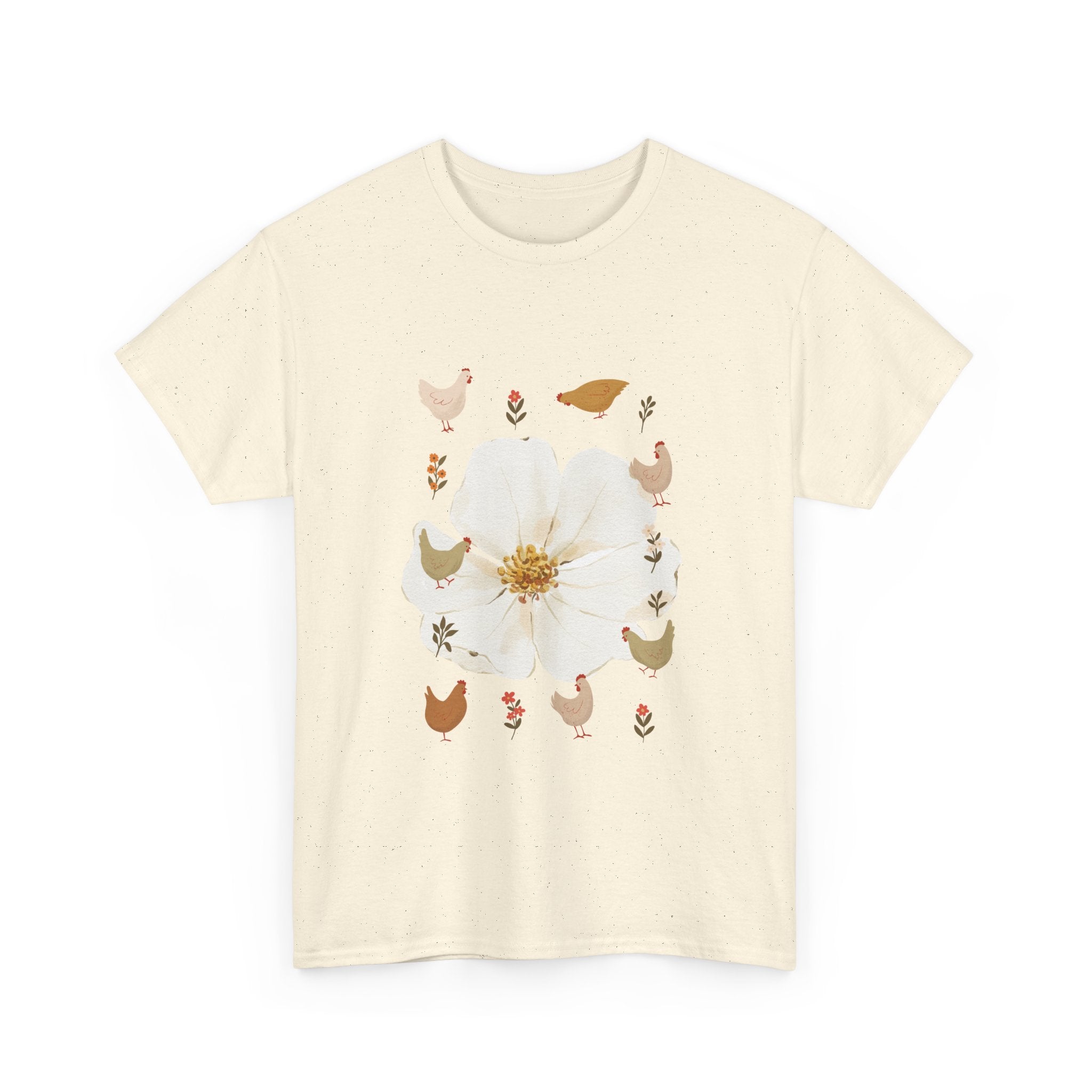 Beige t-shirt with a bloom surrounded by roosters in various poses.