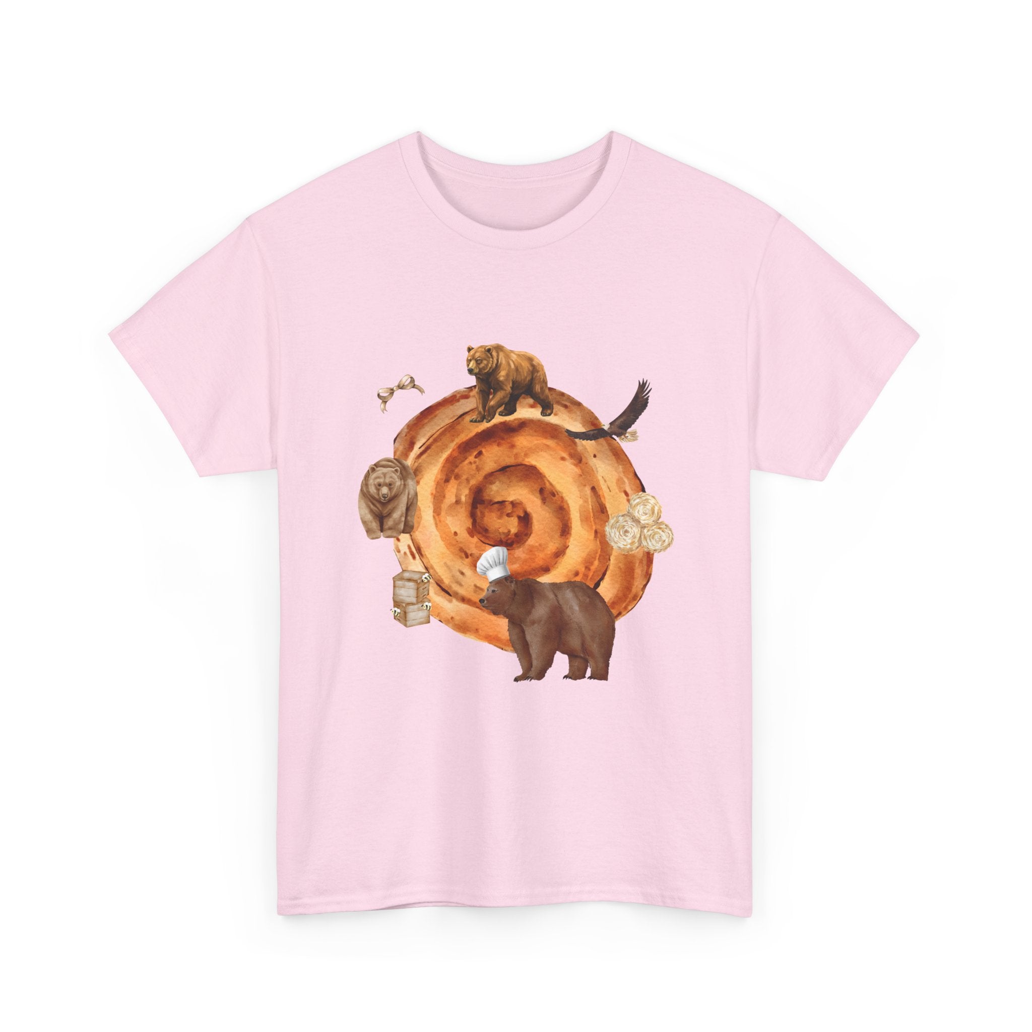 Pink t-shirt with a cinnamon roll surrounded by several hungry bears.