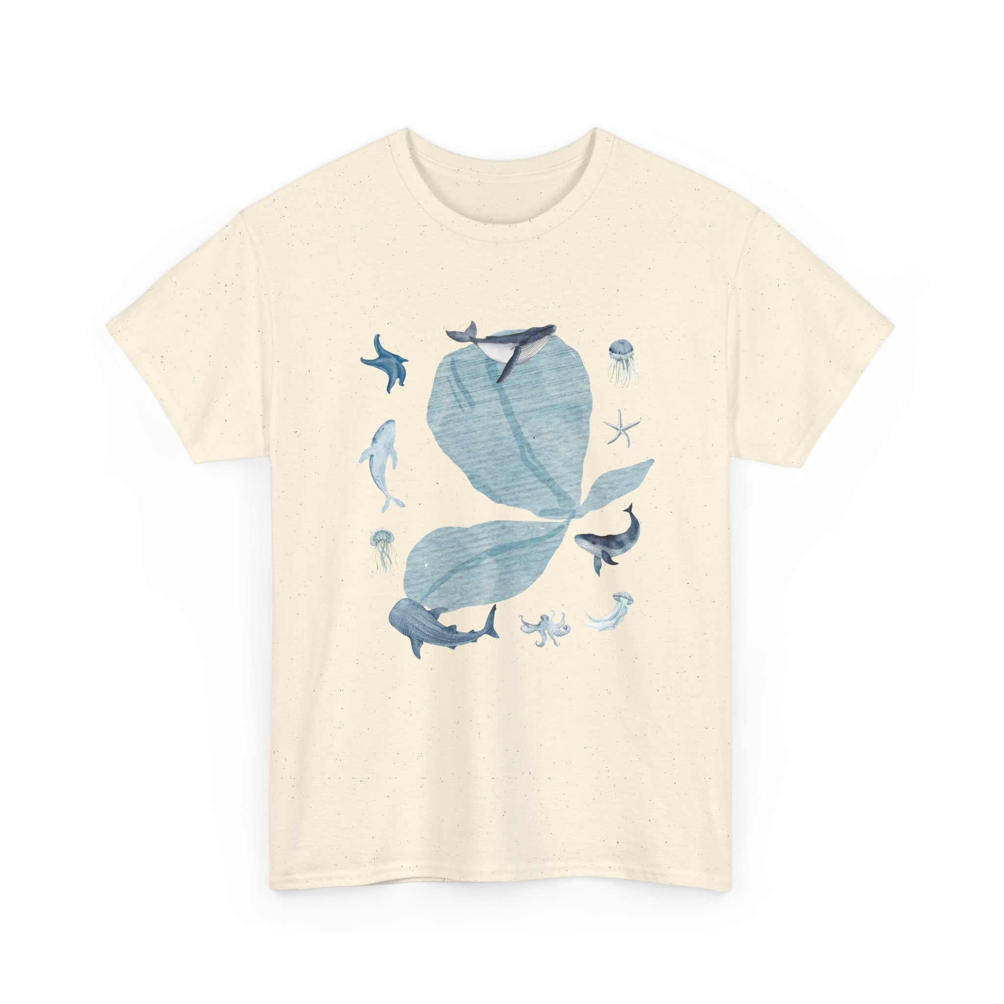Beige t-shirt with a pink bloom surrounded by bunnies in various poses.