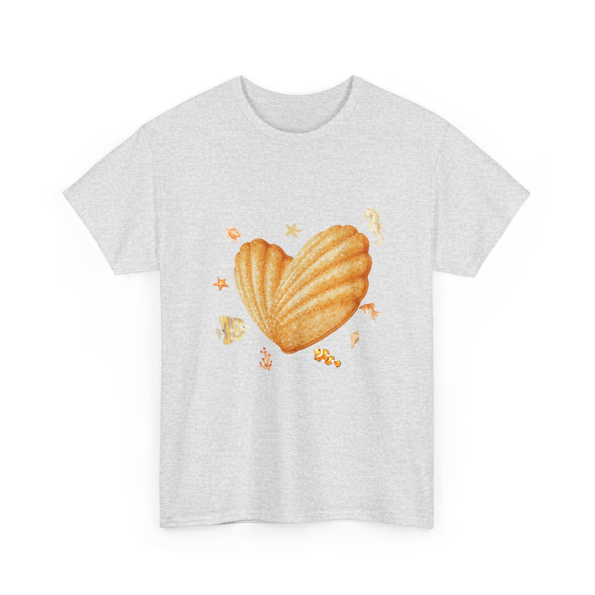 Grey t-shirt with a heart-shaped madeleine surrounded by yellow tropical fish, starfish, seahorses, and coral.