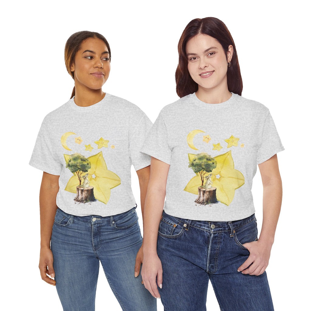 Two girls wearing grey t-shirts featuring a graphic design of a tree stump, leaves, and starfruit celestial elements.