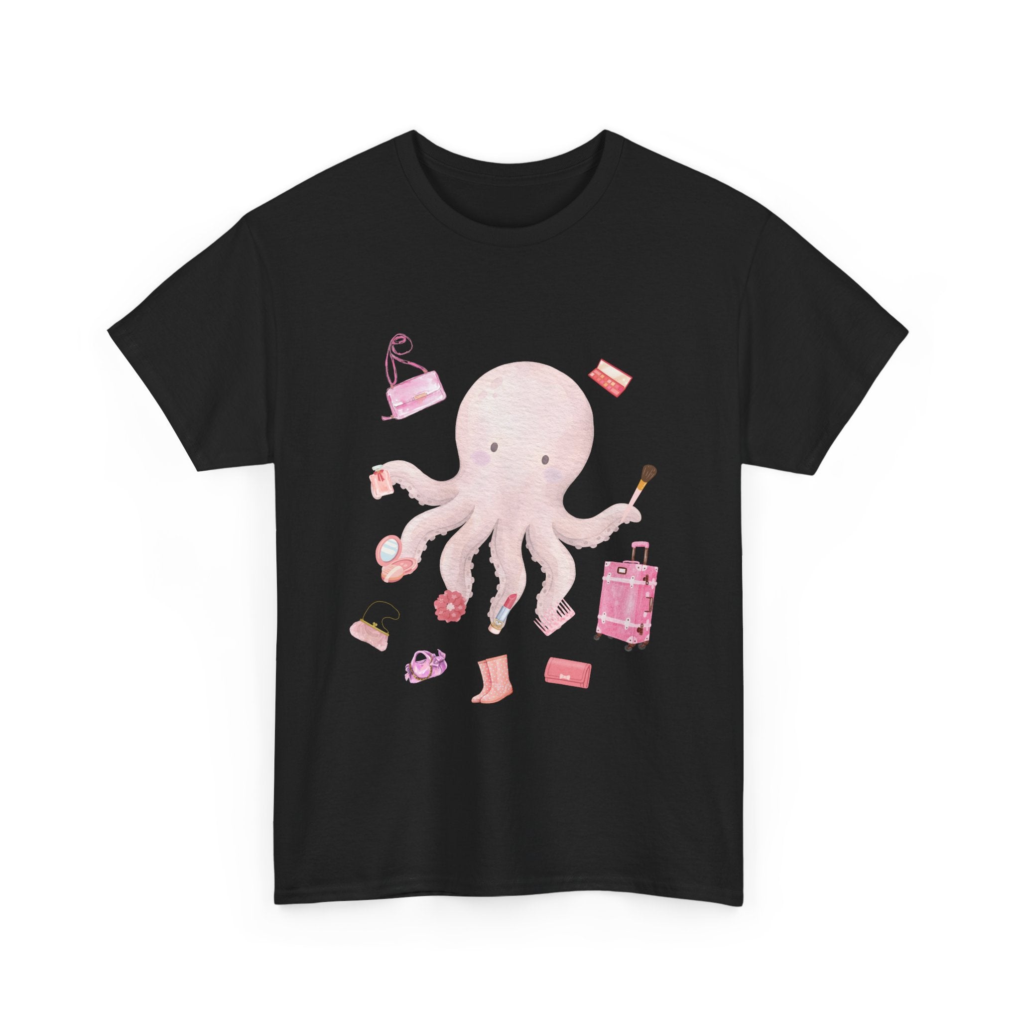 Black t-shirt with a pink octopus multitasking its tentacles to apply lipstick, brush on makeup, and juggle beauty accessories.