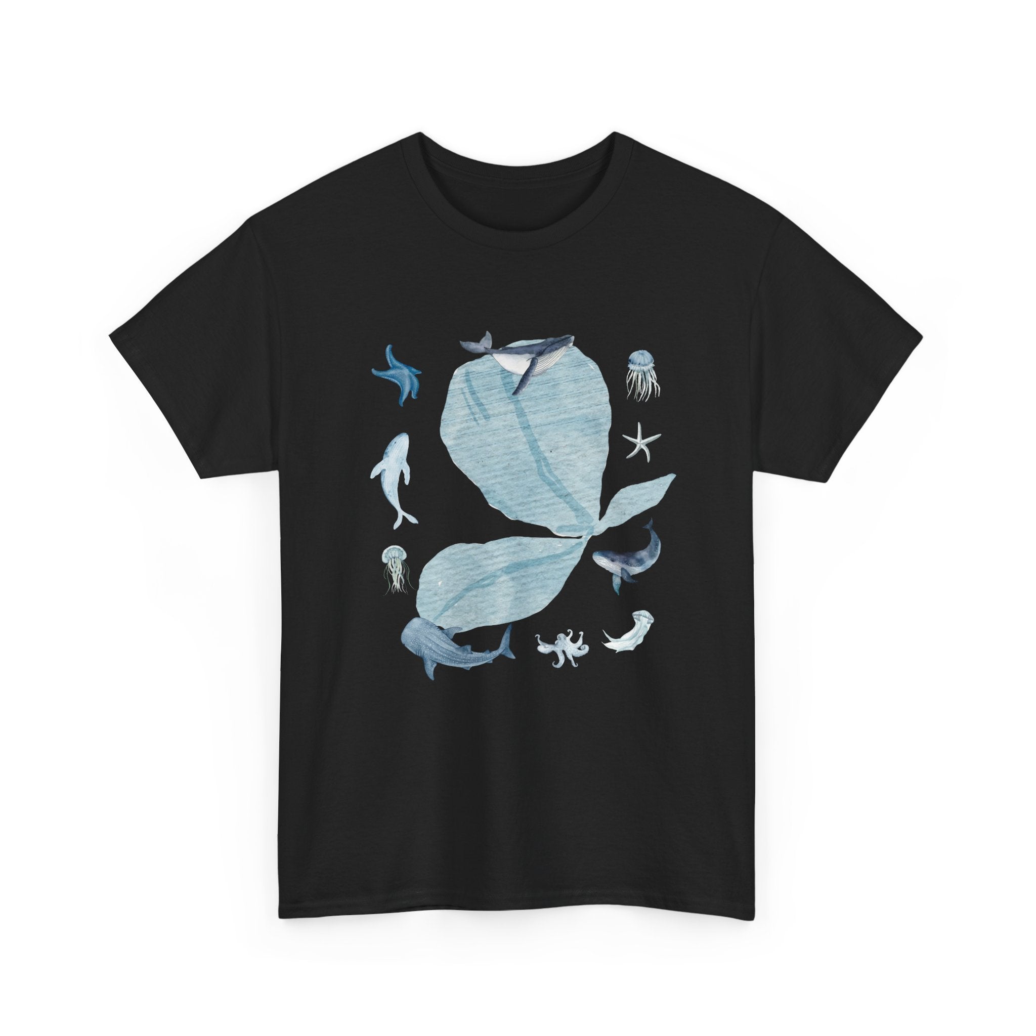 Black t-shirt with a blue bloom surrounded by whales, jellyfish, and starfish.