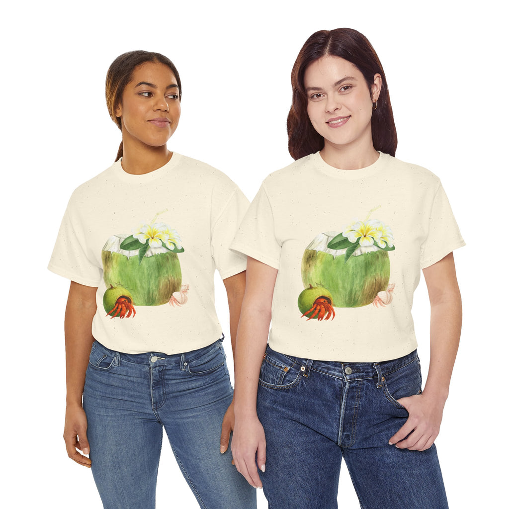 Two girls wearing beige t-shirts featuring a graphic design of a hermit crab in a coconut shell and a straw-topped coconut.