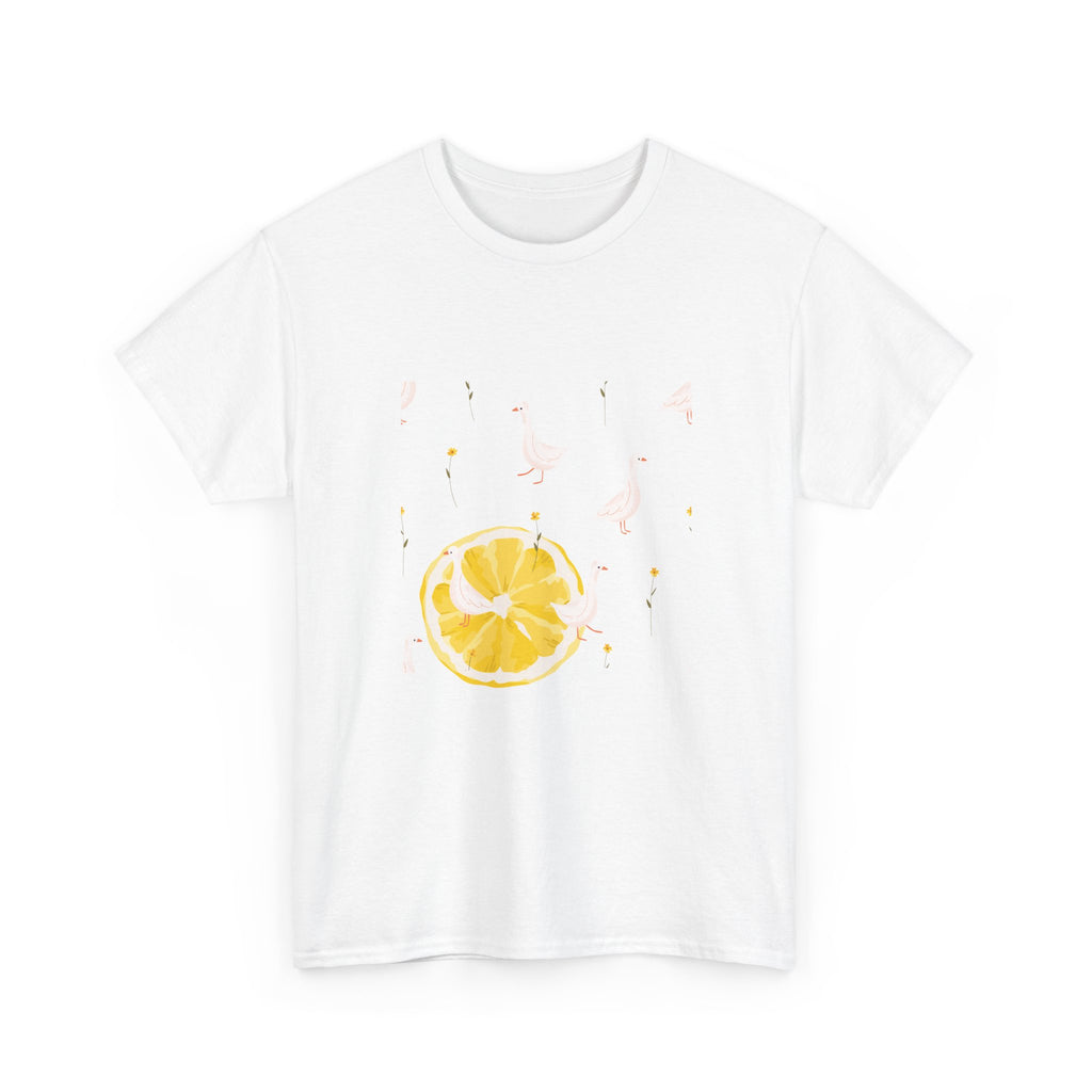 White t-shirt with a juicy lemon in the bottom-left corner and white ducks covering the entire design.