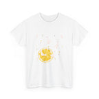 White t-shirt with a juicy lemon in the bottom-left corner and white ducks covering the entire design.