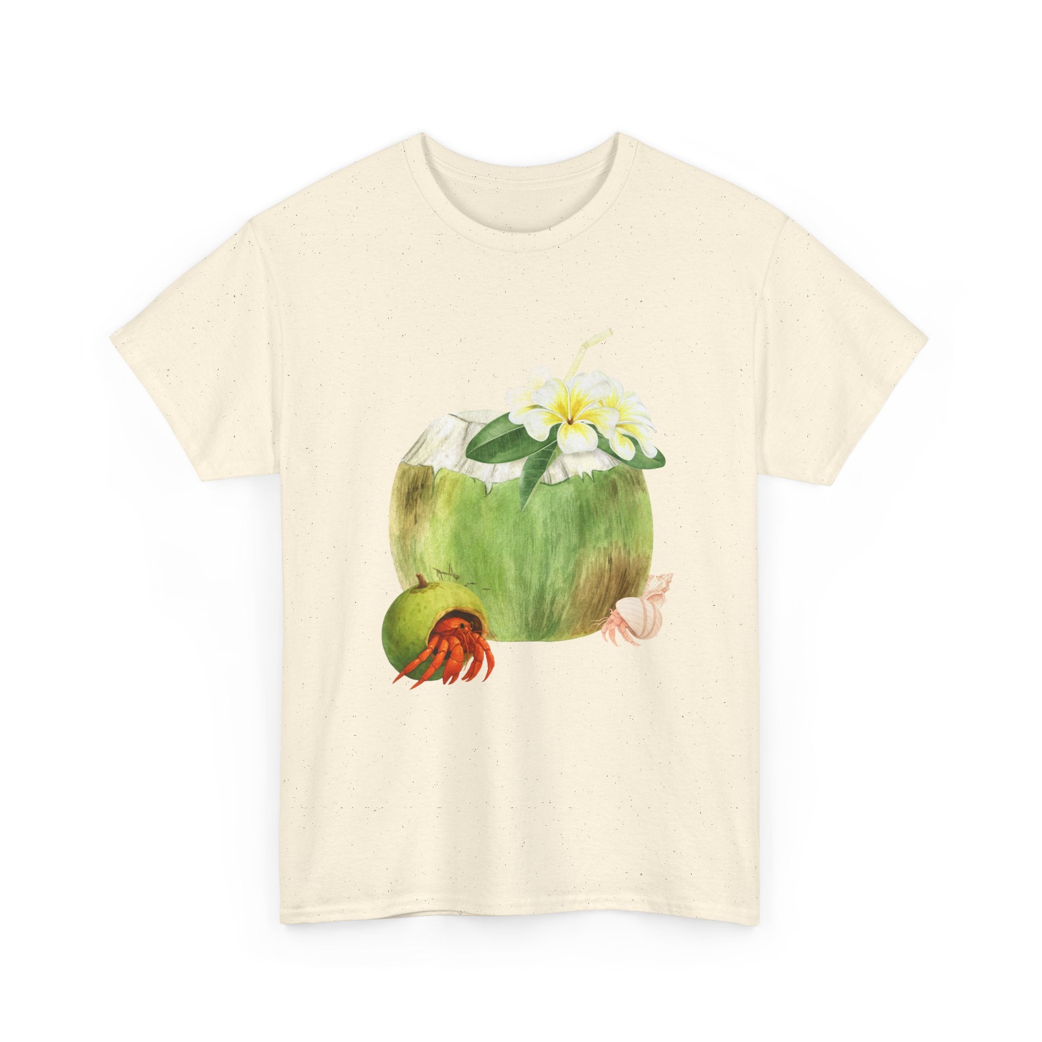 Beige t-shirt with a hermit crab in a coconut shell and a straw-topped coconut.