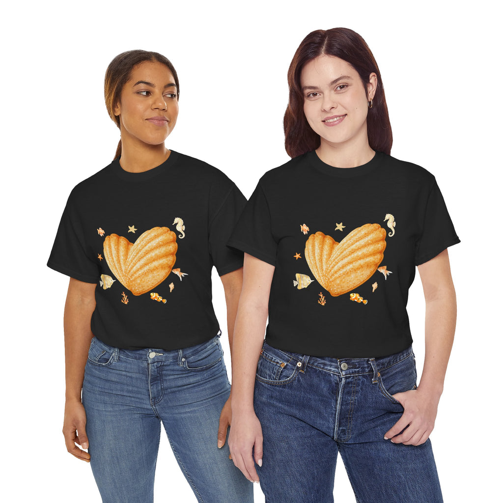 Two girls wearing black t-shirts featuring a graphic design of a heart-shaped madeleine surrounded by yellow tropical fish, starfish, seahorses, and coral.