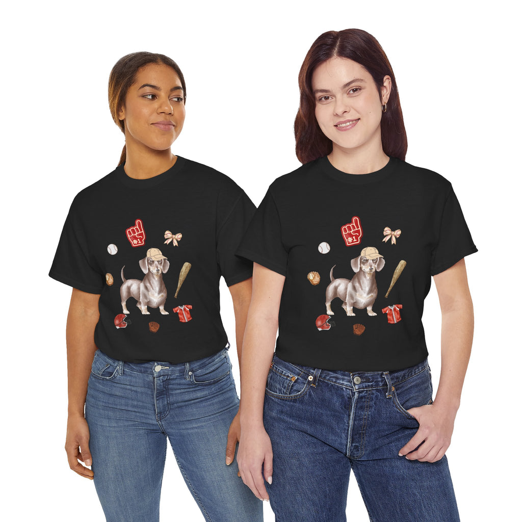 Two girls wearing black t-shirts featuring a graphic design of a dog in a baseball hat surrounded by a circle of balls, bats, and helmets.