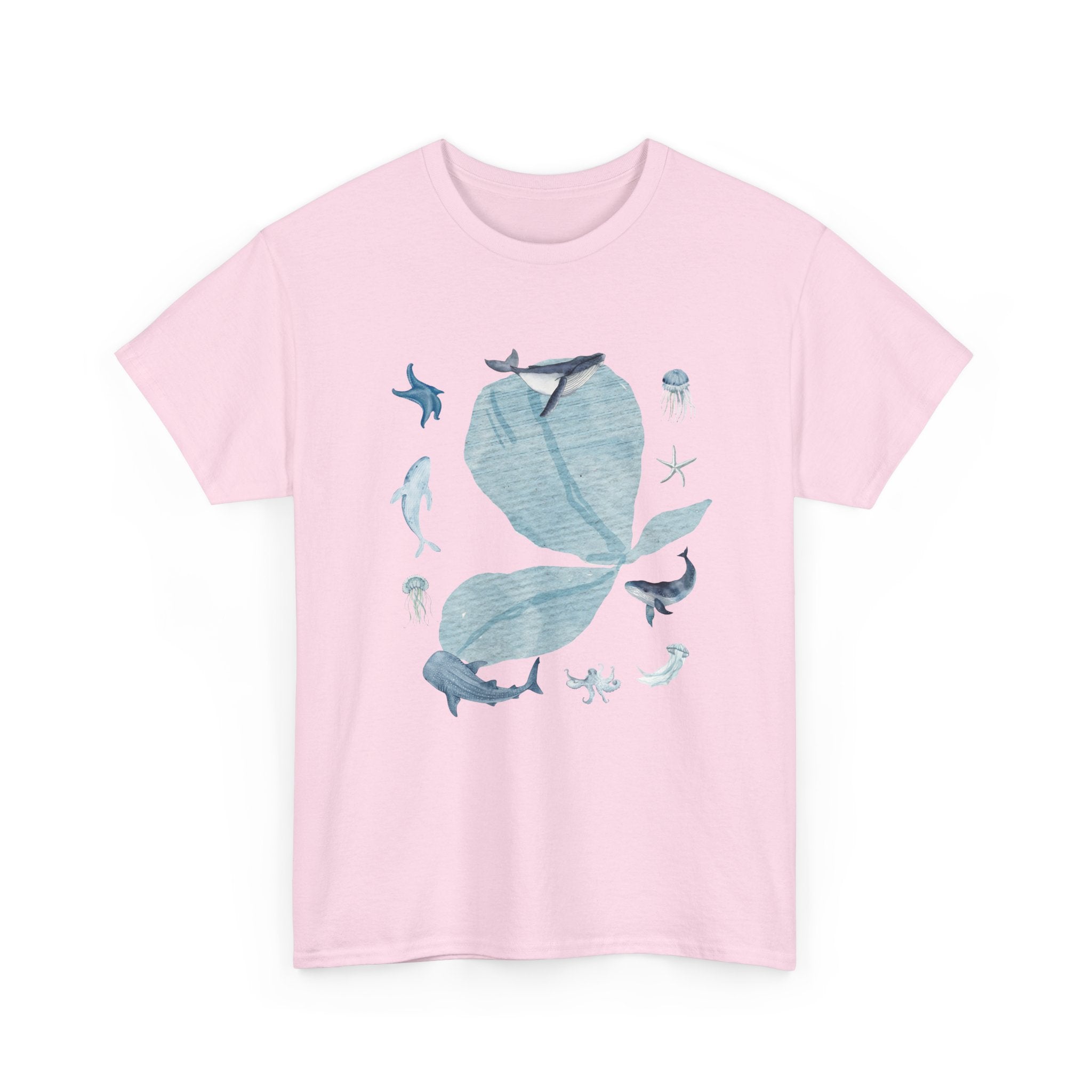 Pink t-shirt with a blue bloom surrounded by whales, jellyfish, and starfish.