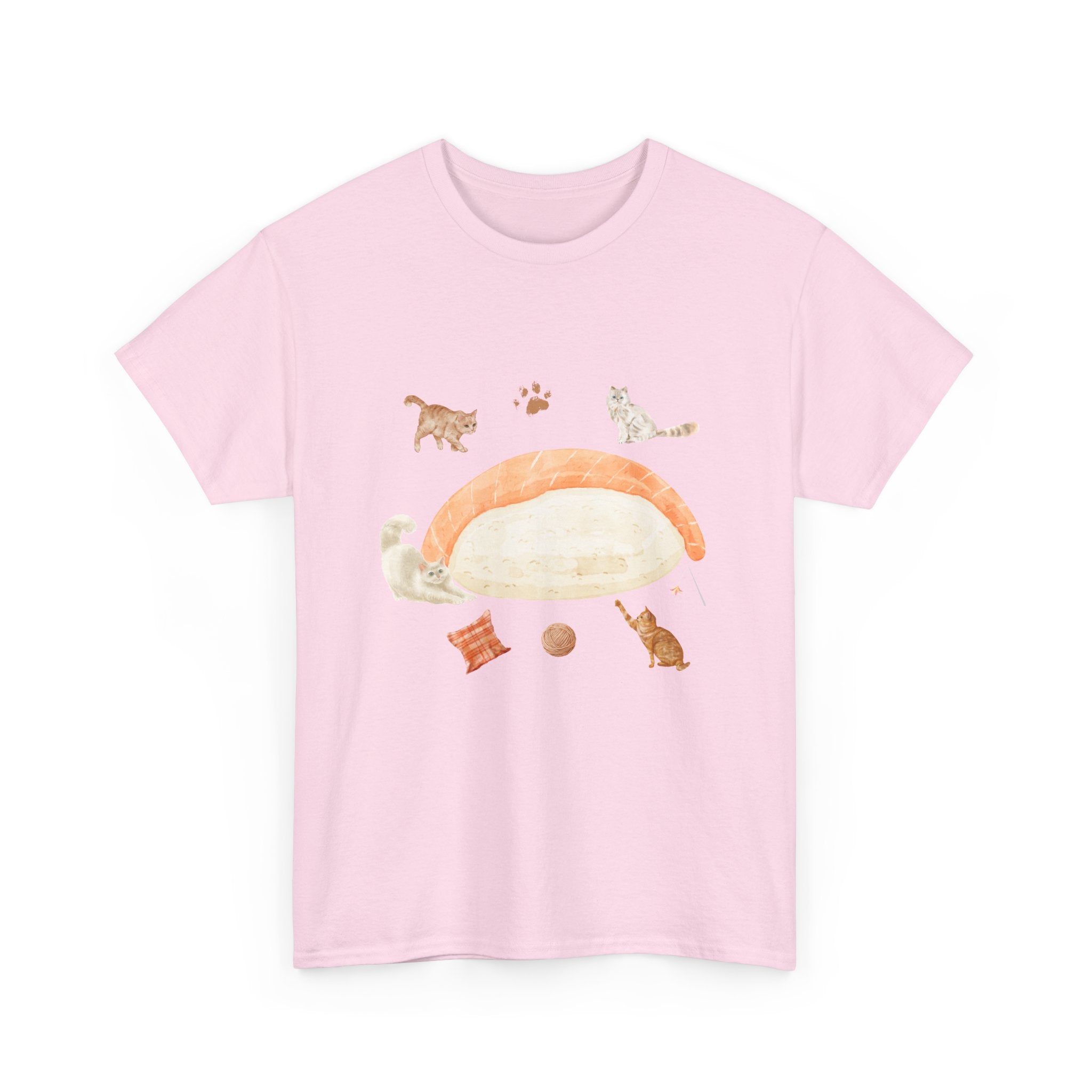 Pink t-shirt with a piece of nigiri sushi surrounded by a circle of cats, yarn balls, and cushions.